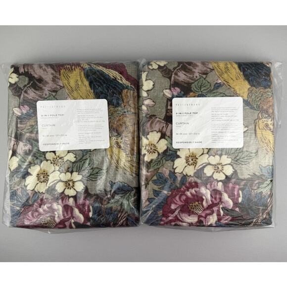 Pottery Barn 2-in-1 Pole Top Curtains PHEASANT FLORAL 50x84 Set of 2 Linen Blend - Picture 7 of 7